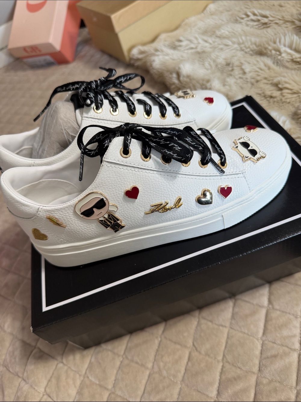 Karl Lagerfeld White Low-Top Sneakers with Gold & Red Accents